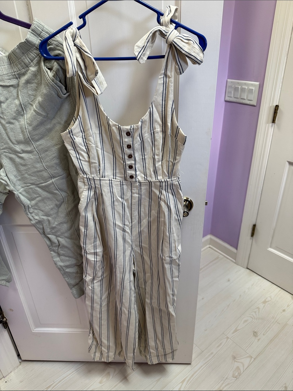 Free People Cream and Navy Striped Tie-Shoulder Jumpsuit